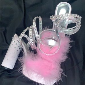 Pink Fluffy Jeweled Heels